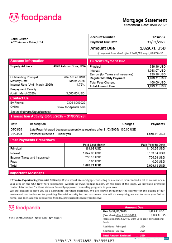 Download USA New York Foodpanda mortgage statement in Word and PDF formats Photoshop template
